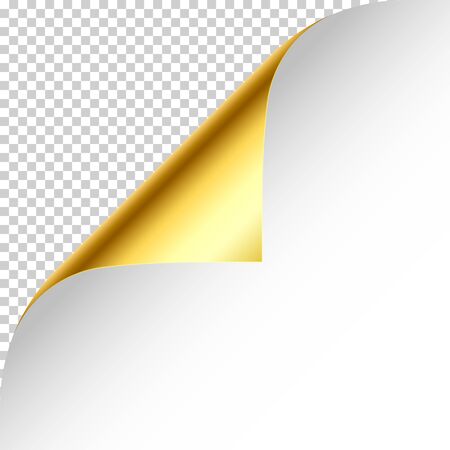 Realistic golden curled page corner with shadow on checkered background. Greeting card design element. Blank sheet of paper. Vector illustration.のイラスト素材