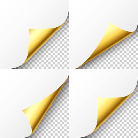 Realistic golden curled page corner set. Greeting card design element. Blank sheet of paper. Vector illustration.のイラスト素材