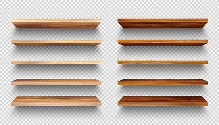 Realistic empty wooden store shelves set. Product shelf with wood texture. Grocery wall rack. Vector illustrationのイラスト素材