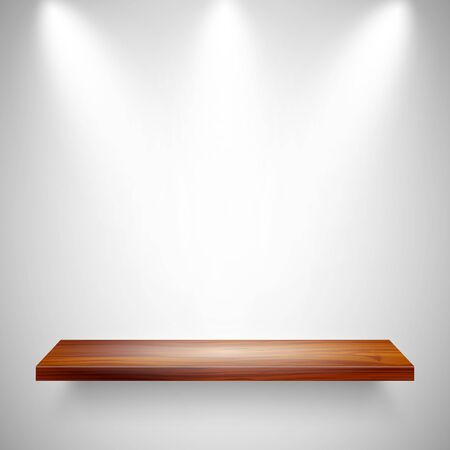 Illuminated realistic wooden wall shelf. Empty store rack. Studio background with spotlights. Vector illustrationのイラスト素材