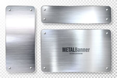 Realistic shiny metal banners set. Brushed steel plate. Polished silver metal surface. Vector illustrationのイラスト素材