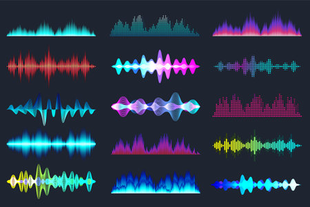 Colored sound waves collection. Analog and digital audio signal. Music equalizer. Interference voice...