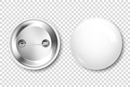 Realistic white blank badge. 3D glossy round button. Pin badge mockup. Vector illustrationのイラスト素材