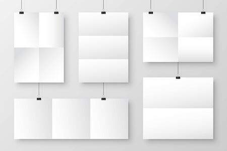 Realistic blank paper sheets hanging on binder clip. White poster with shadow in A4 format. Design template, mockup. Vector illustration.のイラスト素材