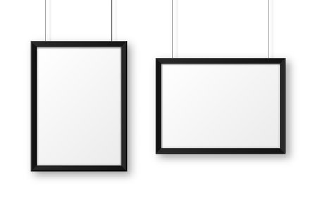 Realistic hanging on a wall blank black picture frame. Modern poster mockup. Empty photo frame. Vector illustration.のイラスト素材