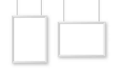 Realistic hanging on a wall white blank picture frame. Modern poster mockup. Empty photo frame. Vector illustration.のイラスト素材