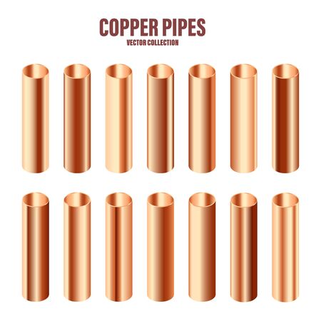 Copper pipes collection. Construction material. Polished metal texture. Glossy gradient. Vector illustration.のイラスト素材