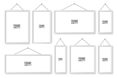 Realistic hanging on a wall white blank picture frames collection. Modern poster mockup. Empty photo frame. Vector illustration.のイラスト素材