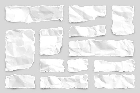 Ripped paper strips. Realistic crumpled paper scraps with torn edges. Shreds of notebook pages. Vector illustration.のイラスト素材