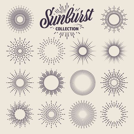 Vintage sunburst collection. Bursting sun rays. Fireworks. Logotype or lettering design element. Radial sunset beams. Vector illustrationのイラスト素材