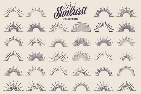 Vintage sunburst collection. Bursting sun rays. Fireworks. Logotype or lettering design element. Radial sunset beams. Vector illustrationのイラスト素材