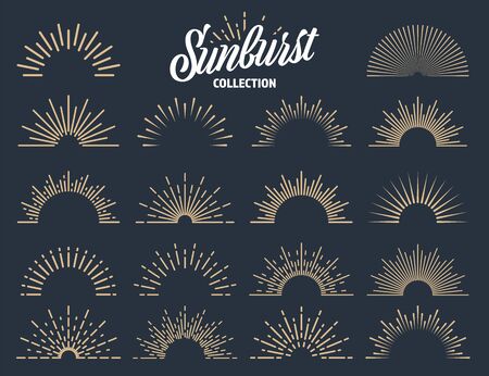 Vintage sunburst collection. Bursting sun rays. Fireworks. Logotype or lettering design element. Radial sunset beams. Vector illustrationのイラスト素材