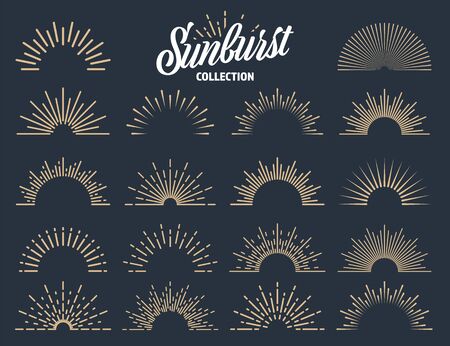 Vintage sunburst collection. Bursting sun rays. Fireworks. Logotype or lettering design element. Radial sunset beams. Vector illustration