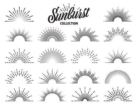 Vintage sunburst collection. Bursting sun rays. Fireworks. Logotype or lettering design element. Radial sunset beams. Vector illustrationのイラスト素材