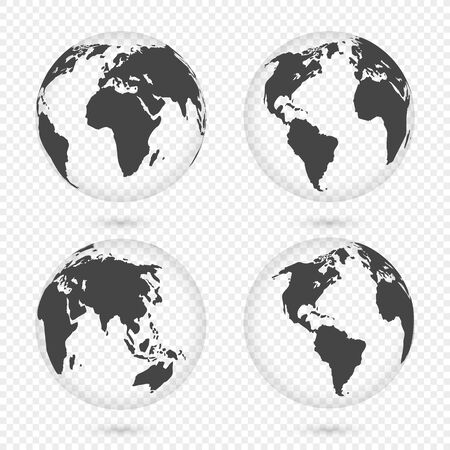 Earth globe. World map set. Planet with continents. Africa, Asia, Australia, Europe, North America and South America.のイラスト素材