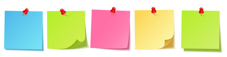 Realistic blank sticky notes isolated on white background. Colorful sheets of note papers with push...
