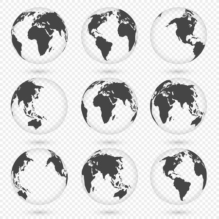 Earth globe. World map set. Planet with continents. Africa, Asia, Australia, Europe, North America and South America.のイラスト素材