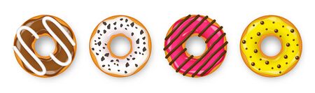 Donut with cream. Cookie cake. Sweet dessert with sugar and caramel. Cafeteria food, snack. Coffee shop.Vector illustration.のイラスト素材