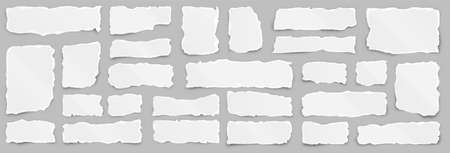 Ripped paper strips. Realistic crumpled paper scraps with torn edges. Shreds of notebook pages. Vector illustration.のイラスト素材