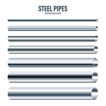 Steel pipes collection. Construction material. Polished metal texture. Silver gradient. Vector illustration.のイラスト素材