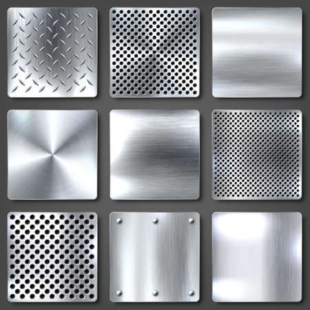 Realistic brushed metal textures set. Polished stainless steel background. Vector illustration.のイラスト素材