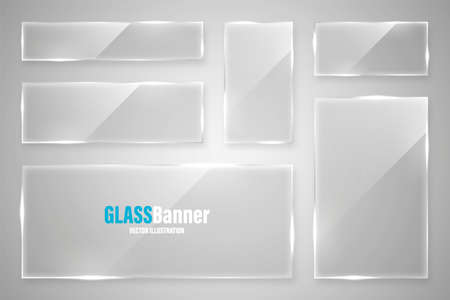 Glass frames collection. Realistic glossy transparent glass banner with glare. Vector design element.のイラスト素材