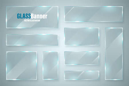 Glass frames collection. Realistic glossy transparent glass banner with glare. Vector design element.のイラスト素材