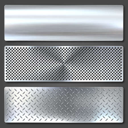 Realistic brushed metal textures set. Polished stainless steel background. Vector illustration.のイラスト素材