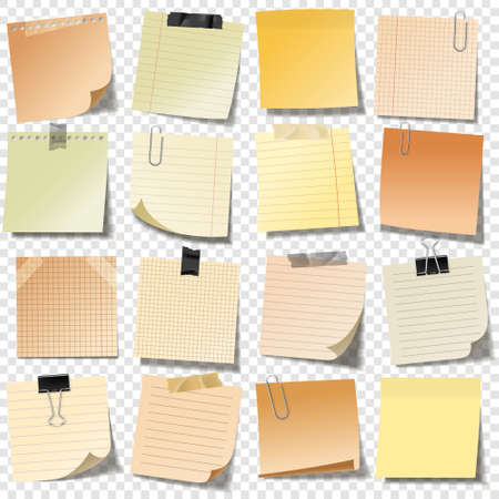 Realistic blank sticky notes with clip binder and adhesive tape. Colored sheets of note papers. Paper reminder. Vector illustration.のイラスト素材