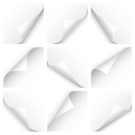 Curled page corner with shadow on transparent background collection. Blank sheet of paper. Vector illustration.のイラスト素材