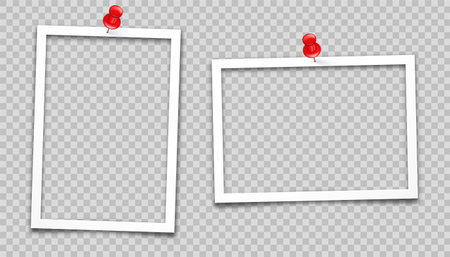 Realistic empty photo card frame, film set. Retro vintage photograph. Digital snapshot image. Template or mockup for design. Vector illustration.のイラスト素材