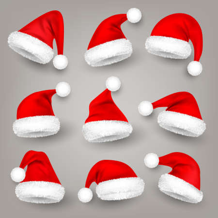 Christmas Santa Claus hats with fur. New Year red hat. Winter cap. Vector illustration.のイラスト素材
