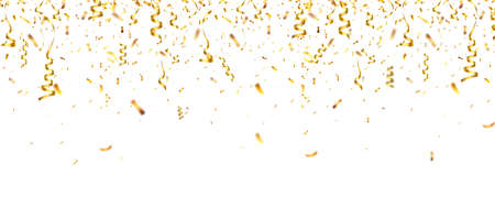 Christmas golden confetti with ribbon. Falling shiny glitter in gold color. New year, birthday, valentines day design element. Holiday background.のイラスト素材