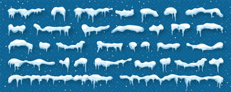Snow, ice caps isolated on blue transparent background. Snowfall with snowflakes. Winter season. Christmas card design element. Vector illustration.のイラスト素材