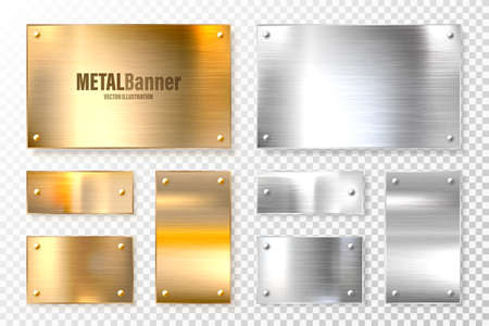 Realistic shiny metal banners set. Brushed steel and copper plate. Polished silver metal surface. Vector illustration.のイラスト素材