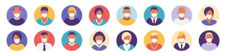 Flat modern minimal avatar icons with medical mask. Business concept, global communication. Web site user profile. Social media, network elements.のイラスト素材