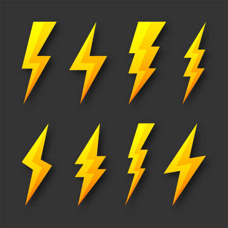 Yellow lightning bolt icons collection. Flash symbol, thunderbolt. Simple lightning strike sign. Vector illustration.のイラスト素材