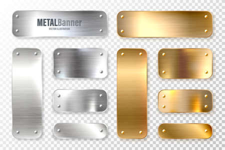Realistic shiny metal banners set. Brushed steel and copper plate. Polished silver metal surface. Vector illustration.のイラスト素材