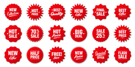 Realistic red price tags collection. Special offer or shopping discount label. Retail paper sticker. Promotional sale badge. Vector illustration.のイラスト素材