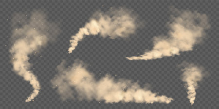 Realistic dust clouds. Road sand storm. Polluted dirty brown air with dirt particles, smog. Air, environmental pollution. Vector design element.のイラスト素材