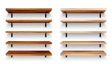 Realistic empty wooden store shelves set. Product shelf with wood texture and black wall mount. Grocery rack. Vector illustration.のイラスト素材