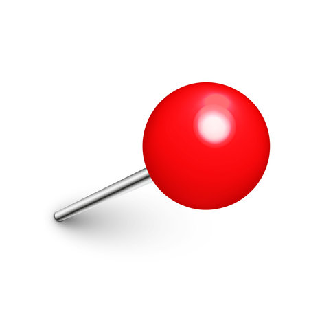 Realistic red push pin. Board tack isolated on white background. Plastic pushpin with needle. Vector illustration.のイラスト素材
