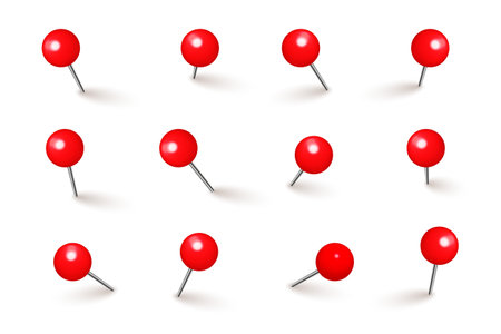Realistic red push pins. Board tacks isolated on white background. Plastic pushpin with needle. Vector illustration.のイラスト素材