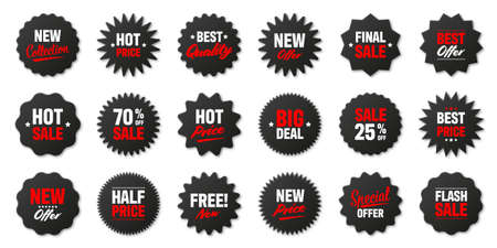 Realistic black price tags collection. Special offer or shopping discount label. Retail paper sticker. Promotional sale badge. Vector illustration.のイラスト素材