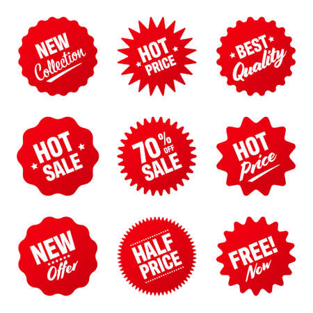 Realistic red tilted price tags collection. Special offer or shopping discount label. Retail paper sticker. Promotional sale badge. Vector illustration.のイラスト素材