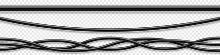 Set of black flexible cables with shadow. Electrical wire. Realistic power or network cable. Vector illustration.のイラスト素材