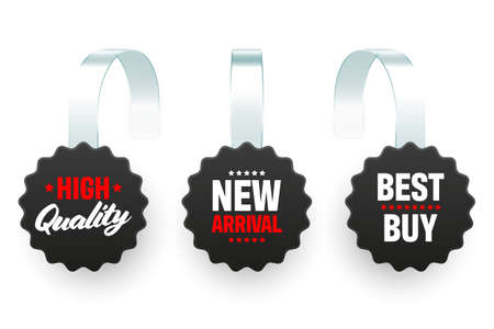 Supermarket promotional wobblers isolated on white background. Realistic wobbler template for shelf advertising. Sale or discount label with ad text. Special offer price tag. Vector illustration.のイラスト素材