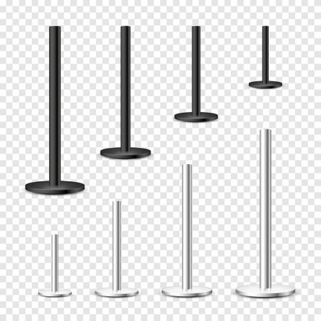 Realistic metal poles collection isolated on transparent background. Glossy steel pipes of various diameters. Billboard or advertising banner mount, holder. Vector illustration.のイラスト素材