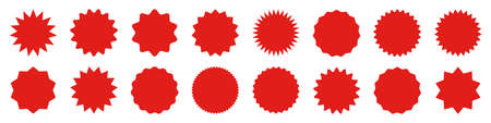 Red shopping labels collection. Sale or discount sticker. Special offer price tag. Supermarket promotional badge. Vector sunburst icon.のイラスト素材