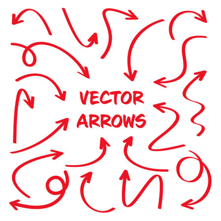 Red hand drawn arrows isolated on white background. Doodle arrow, zigzag and round pointers. Handmade sketches of direction symbols. Vector illustration.のイラスト素材